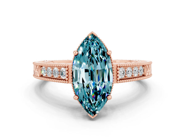 Rose gold Marquise Cut Blue Topaz Engagement Ring with Milgrain Channel Set Band and Prong Setting