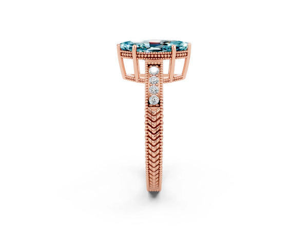 Rose gold Marquise Cut Blue Topaz Engagement Ring with Milgrain Channel Set Band and Prong Setting