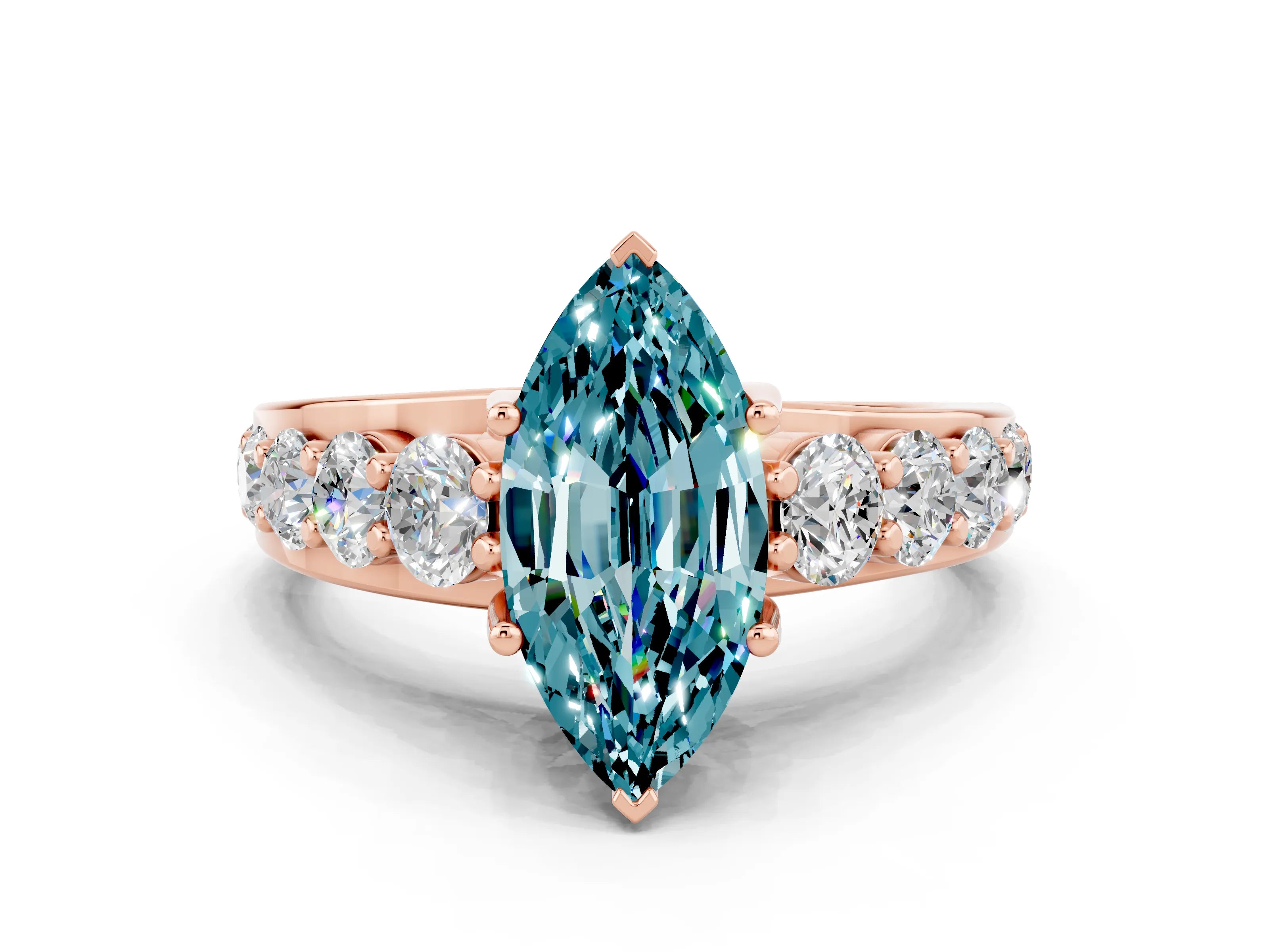 Rose gold Marquise Cut Blue Topaz Engagement Ring with Pavé Band and Four-Prong Setting