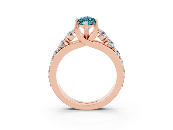 Rose gold Marquise Cut Blue Topaz Engagement Ring with Pavé Band and Four-Prong Setting