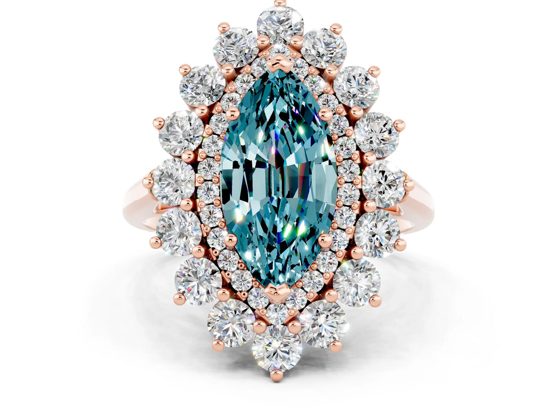 Rose gold Marquise Cut Blue Topaz Floral Double Halo Engagement Ring with Prong Setting_62