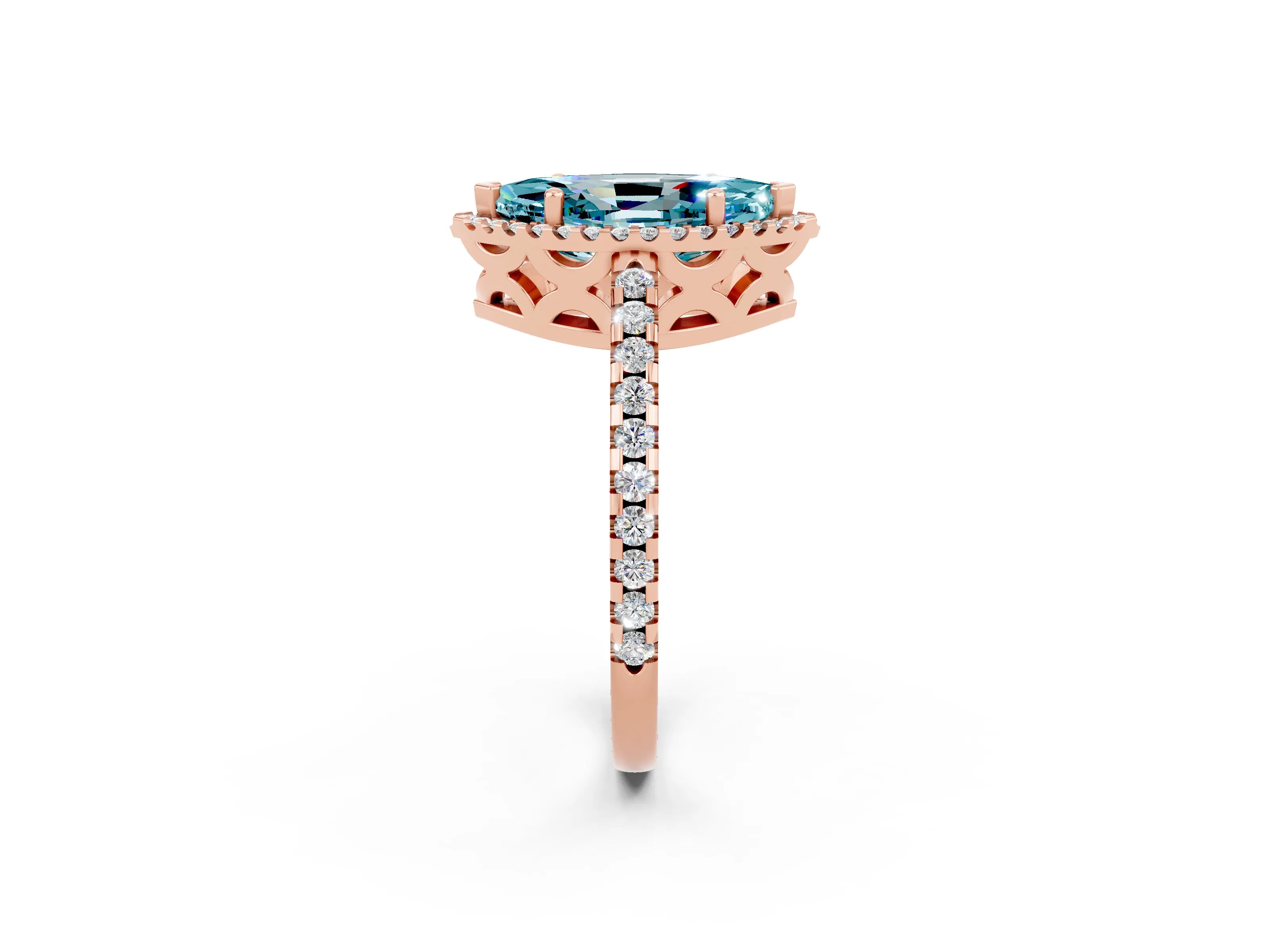 Rose gold Marquise Cut Blue Topaz Halo Engagement Ring with Pavé Band and Prong Setting_14