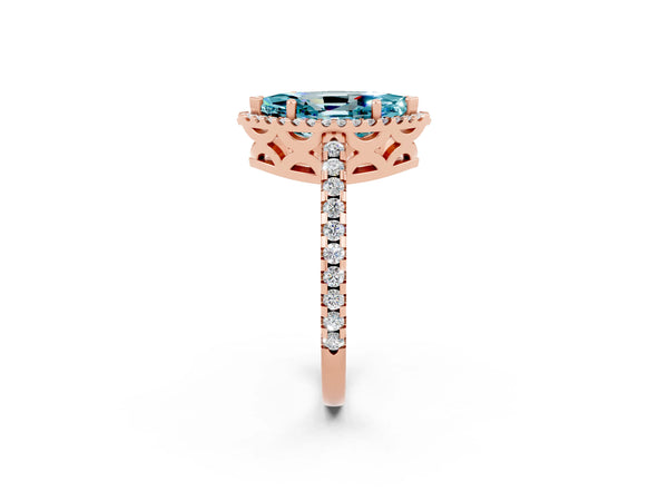 Rose gold Marquise Cut Blue Topaz Halo Engagement Ring with Pavé Band and Prong Setting