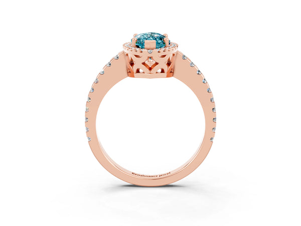 Rose gold Marquise Cut Blue Topaz Halo Engagement Ring with Pavé Band and Prong Setting