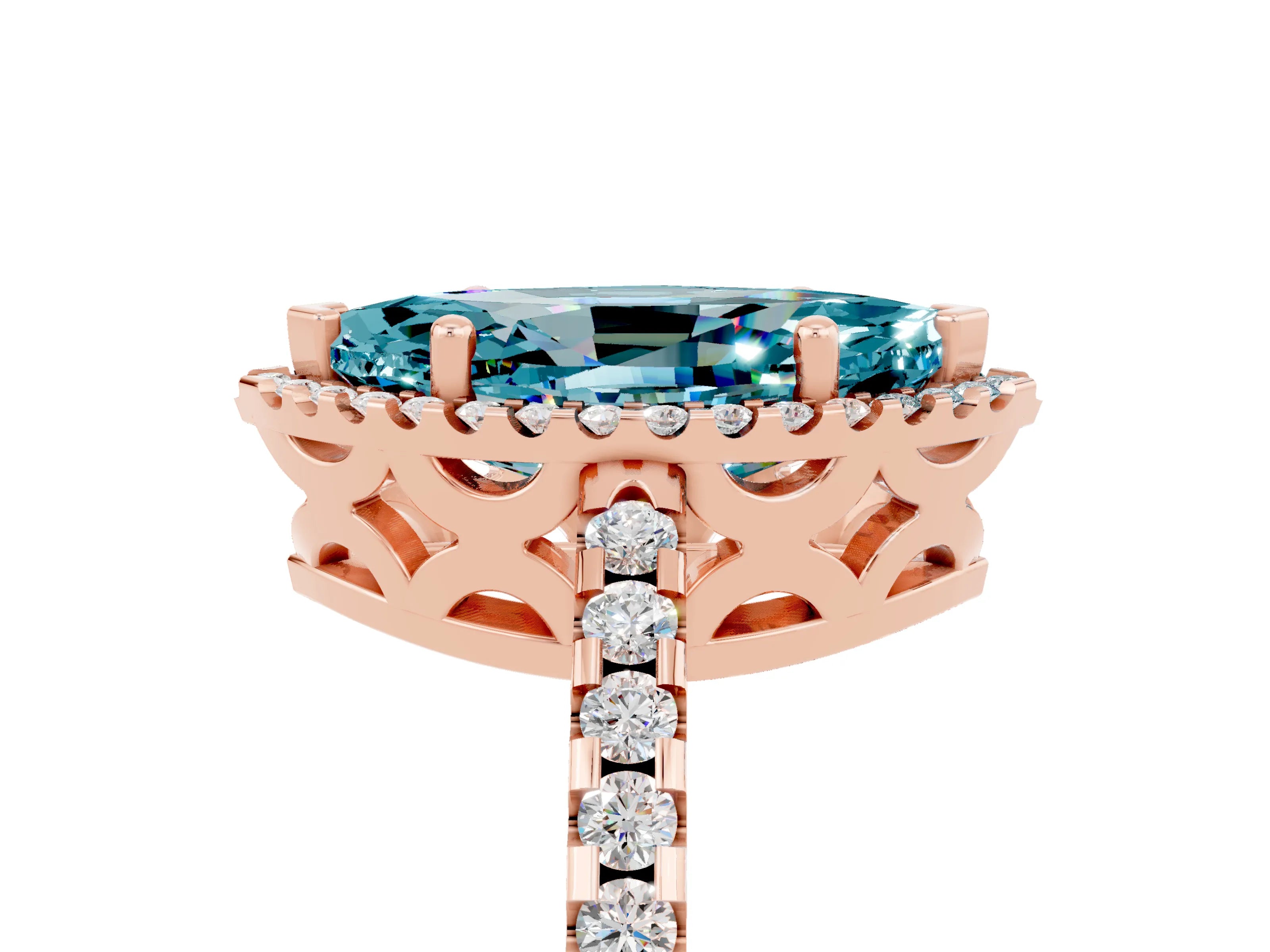 Rose gold Marquise Cut Blue Topaz Halo Engagement Ring with Pavé Band and Prong Setting_17
