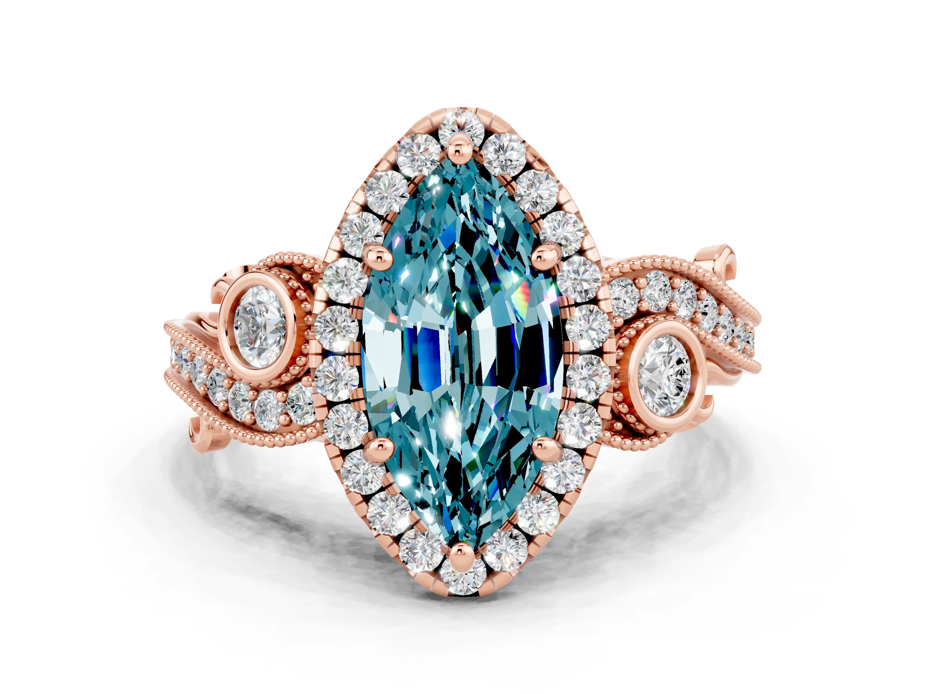 Rose gold Marquise Cut Blue Topaz Halo Ring with Milgrain Pavé Band and Four-Prong Setting_12