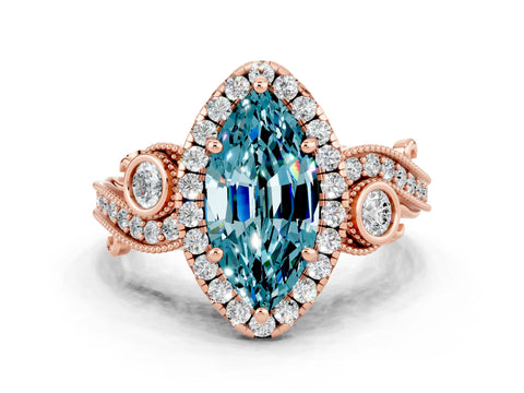 Rose gold Marquise Cut Blue Topaz Halo Ring with Milgrain Pavé Band and Four-Prong Setting_12