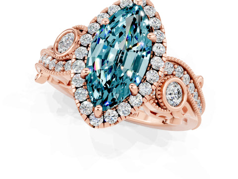Rose gold Marquise Cut Blue Topaz Halo Ring with Milgrain Pavé Band and Four-Prong Setting_13