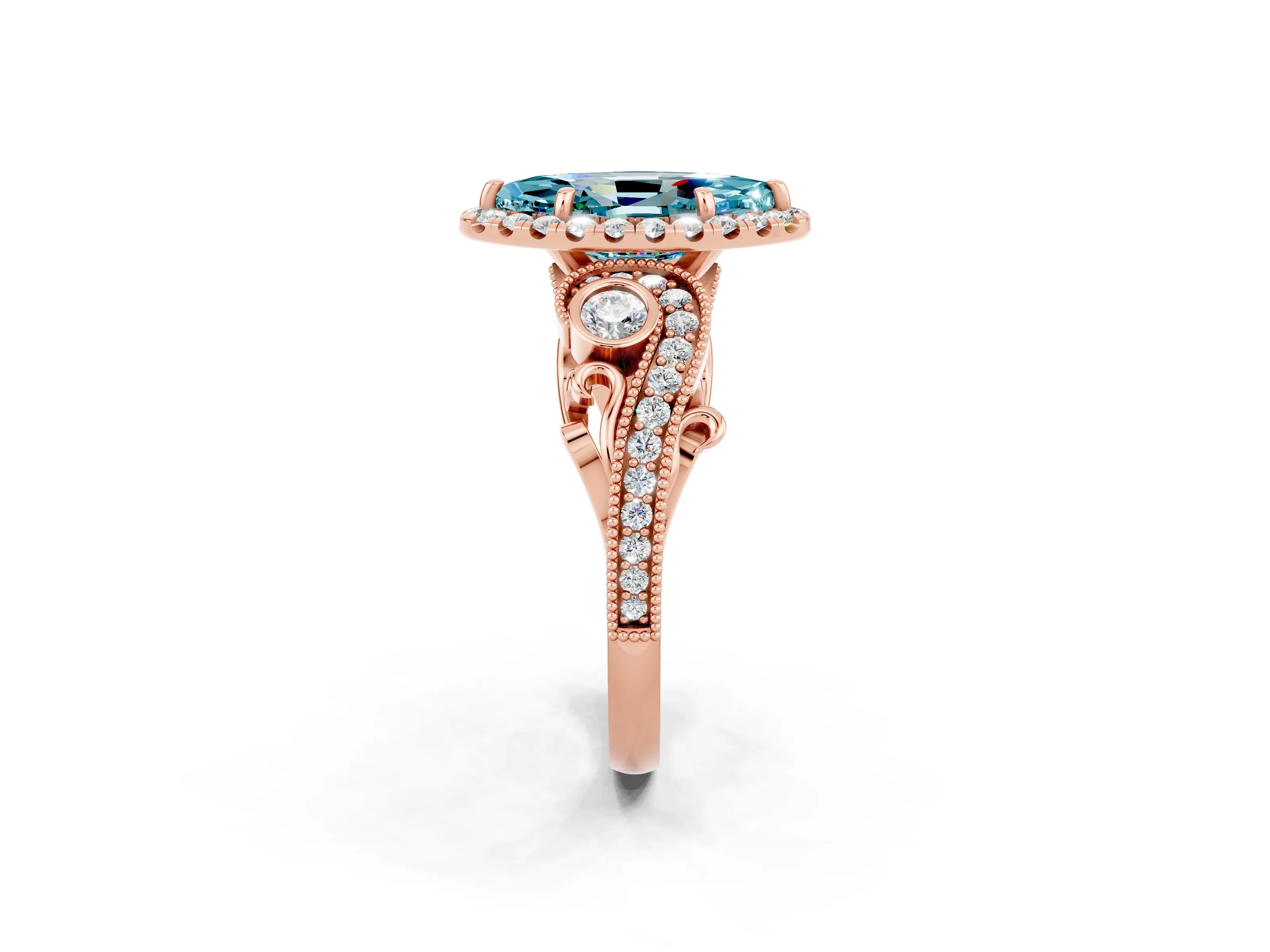 Rose gold Marquise Cut Blue Topaz Halo Ring with Milgrain Pavé Band and Four-Prong Setting_14