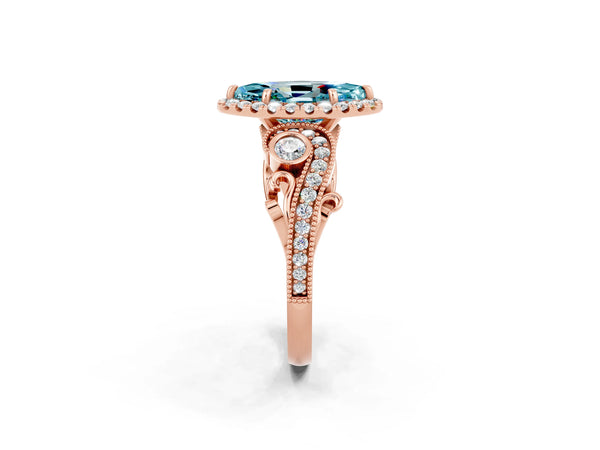 Rose gold Marquise Cut Blue Topaz Halo Ring with Milgrain Pavé Band and Four-Prong Setting
