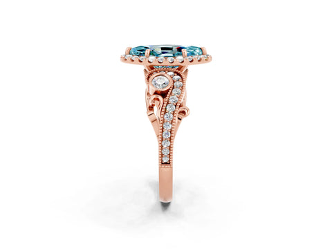 Rose gold Marquise Cut Blue Topaz Halo Ring with Milgrain Pavé Band and Four-Prong Setting_14