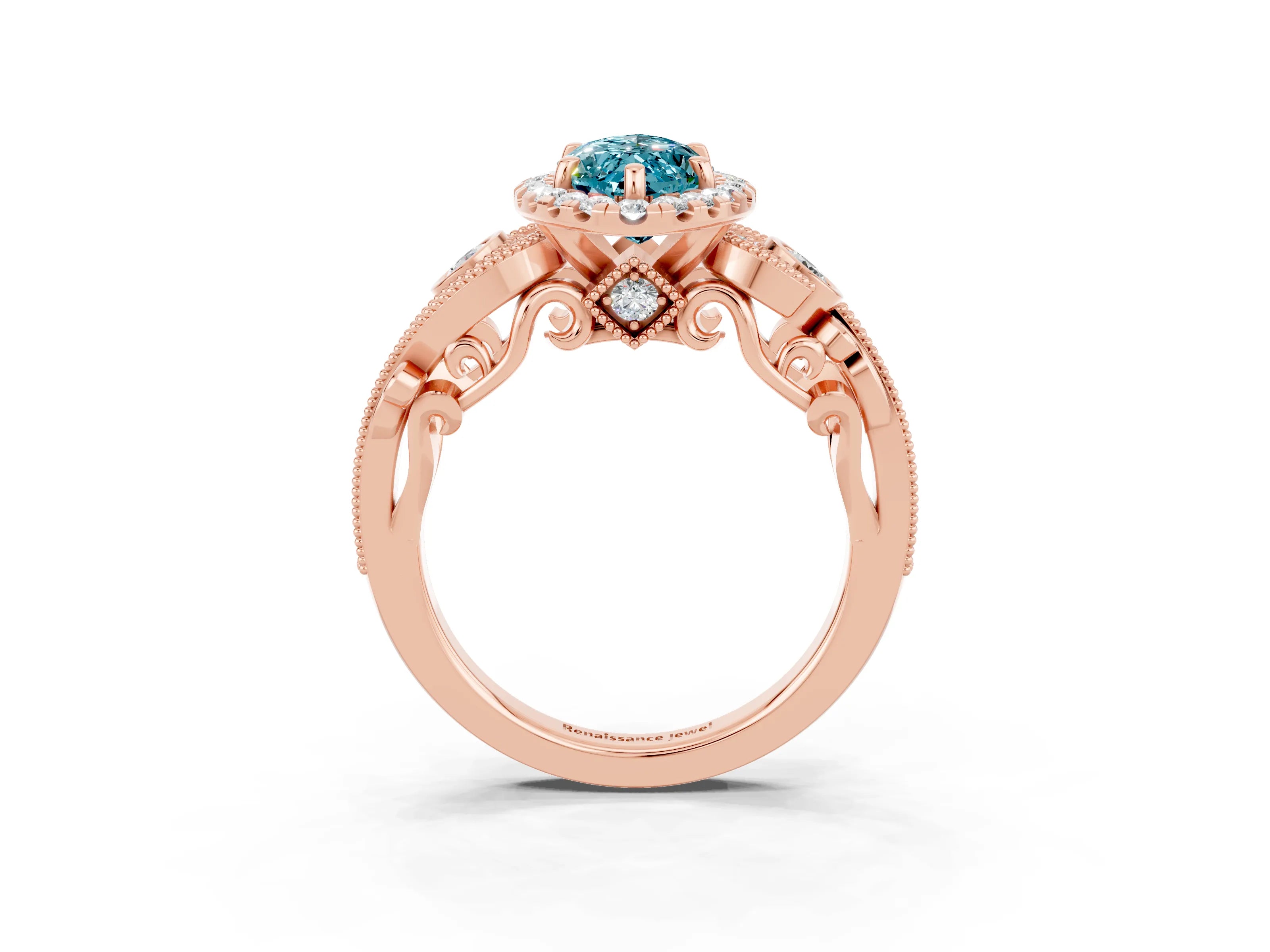 Rose gold Marquise Cut Blue Topaz Halo Ring with Milgrain Pavé Band and Four-Prong Setting_15