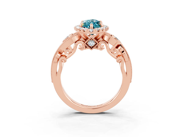 Rose gold Marquise Cut Blue Topaz Halo Ring with Milgrain Pavé Band and Four-Prong Setting