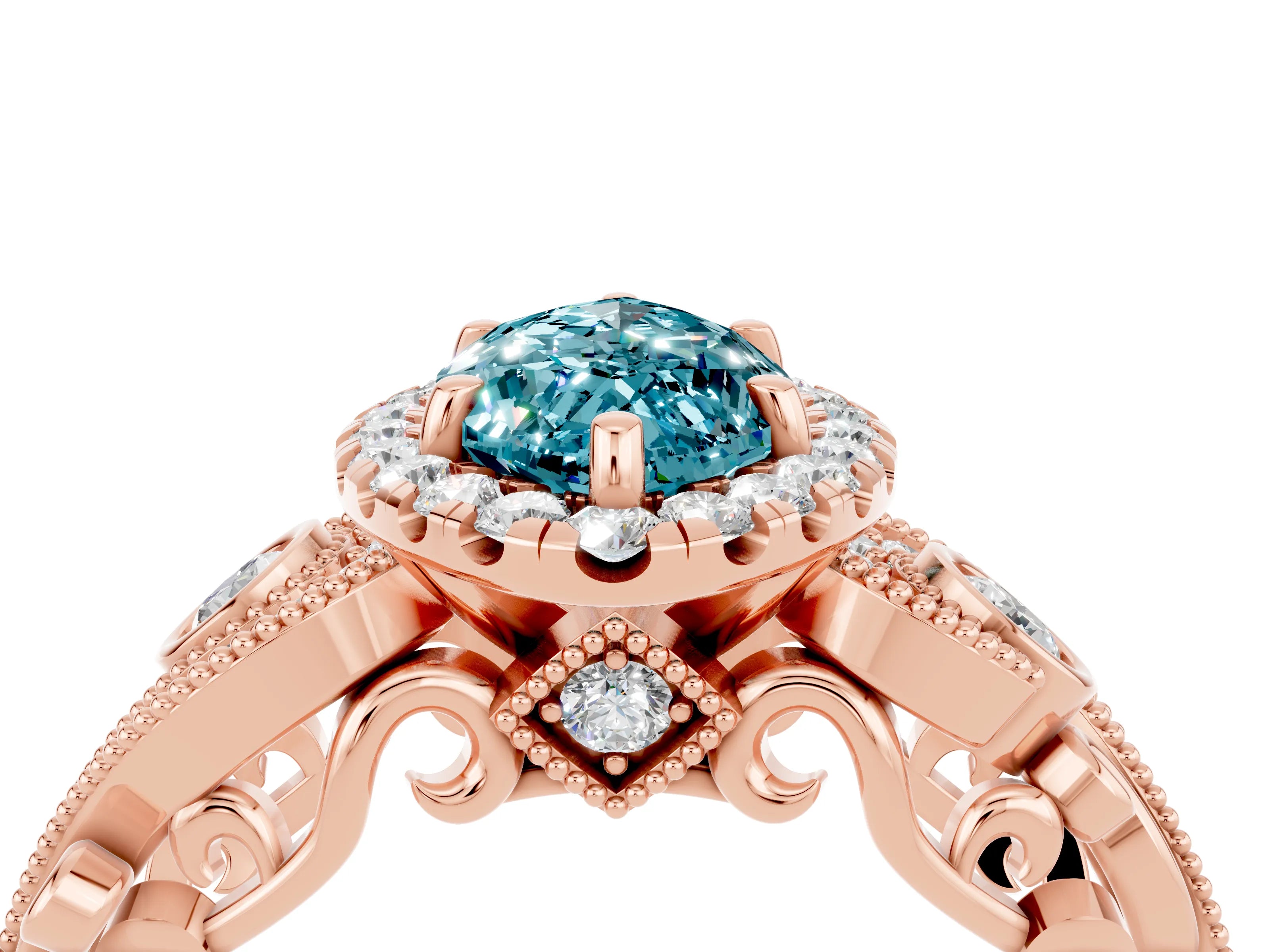 Rose gold Marquise Cut Blue Topaz Halo Ring with Milgrain Pavé Band and Four-Prong Setting_16