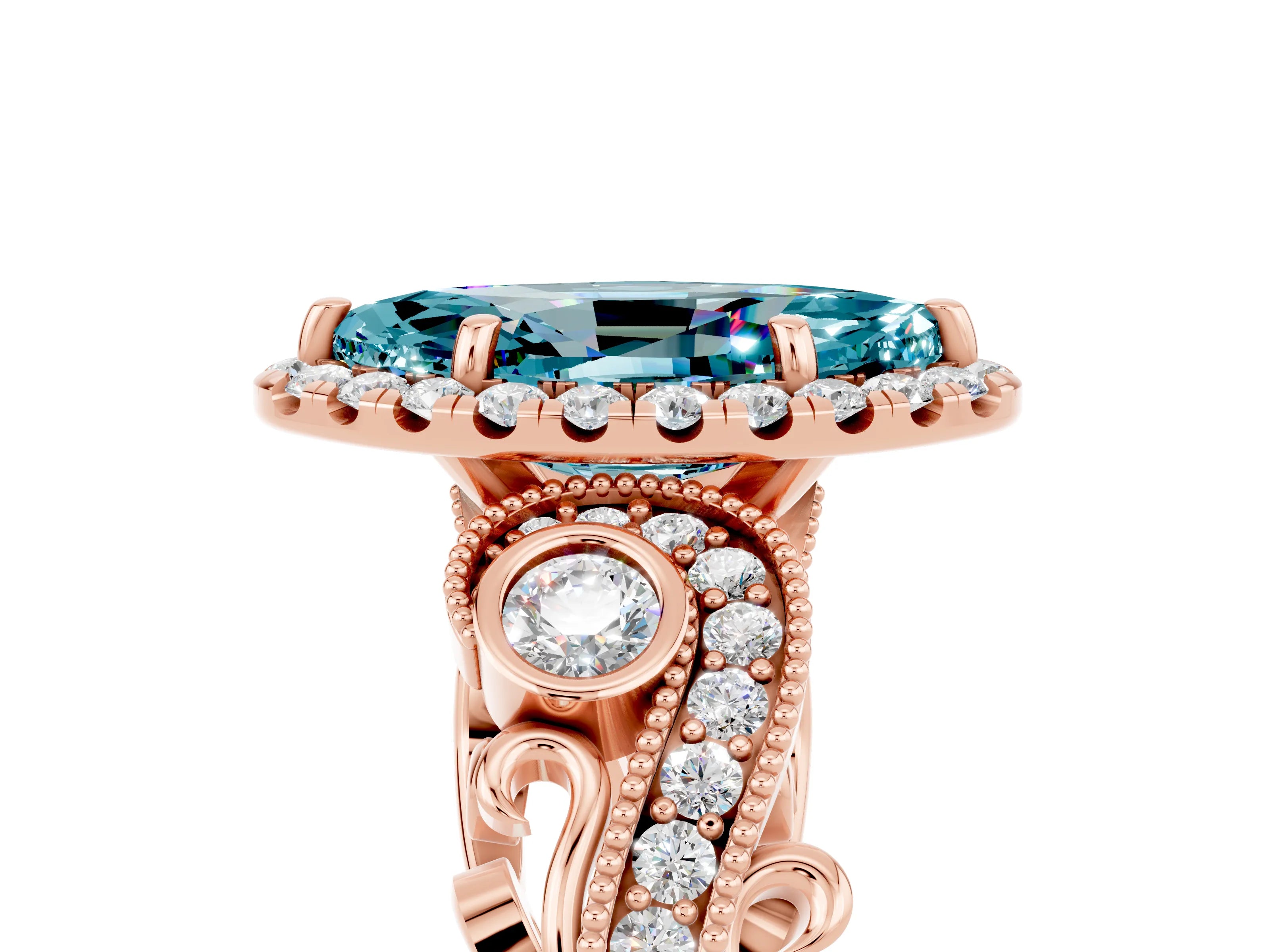 Rose gold Marquise Cut Blue Topaz Halo Ring with Milgrain Pavé Band and Four-Prong Setting_17
