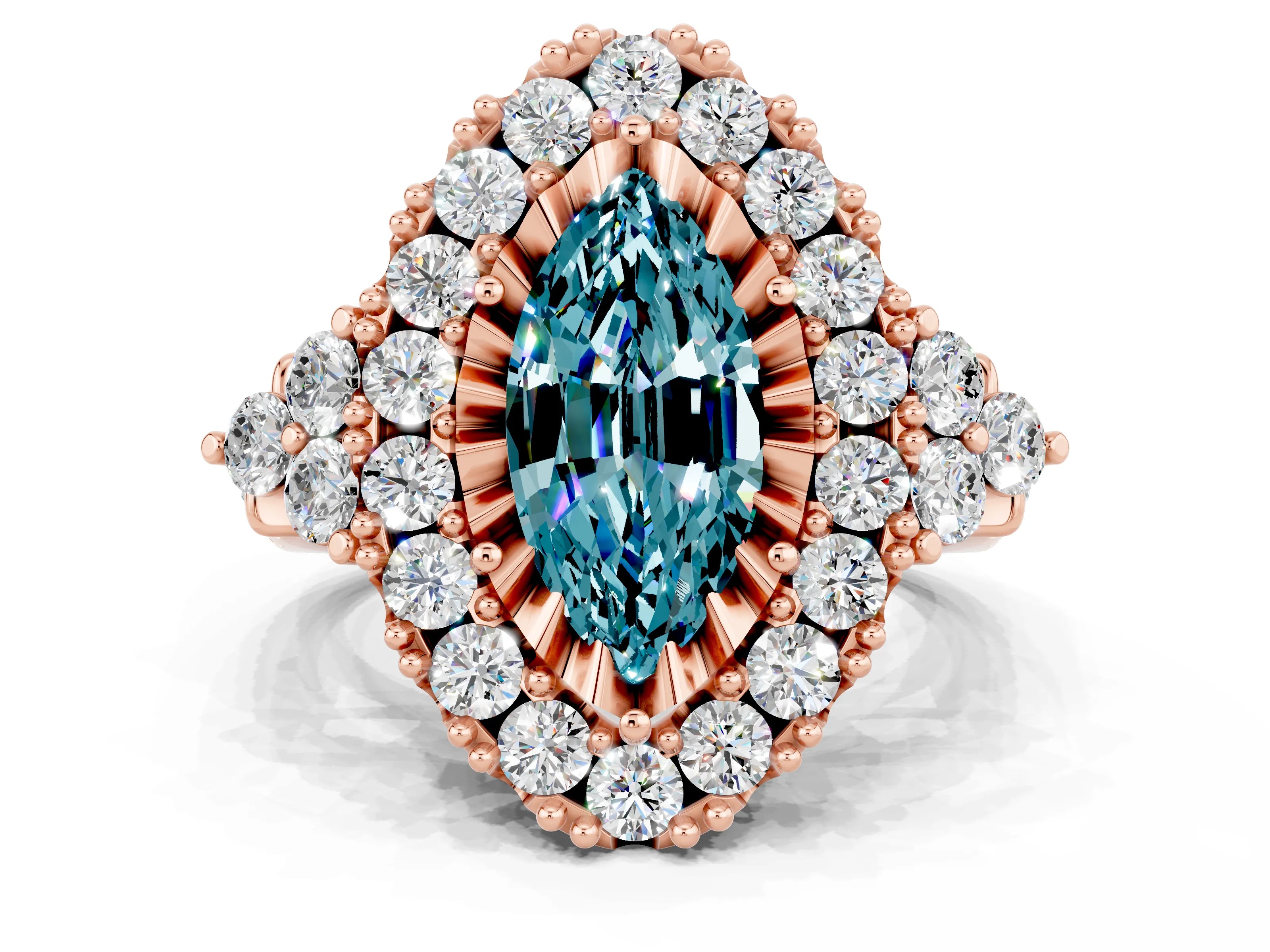 Rose gold Marquise Cut Blue Topaz Halo Ring with Pavé Band and Four-Prong Setting_12