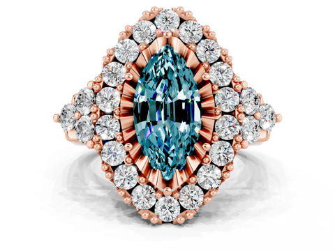 Rose gold Marquise Cut Blue Topaz Halo Ring with Pavé Band and Four-Prong Setting_12