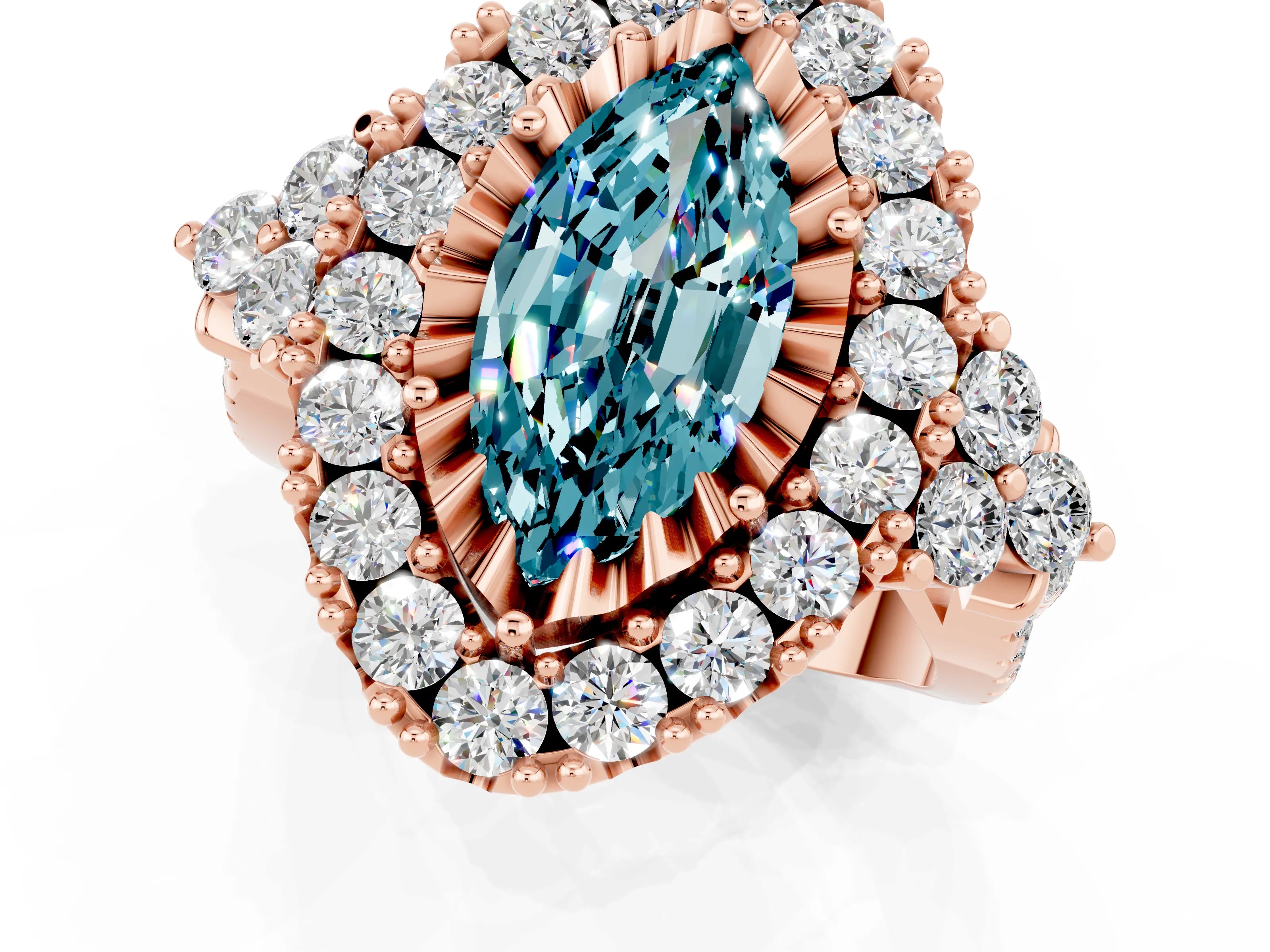 Rose gold Marquise Cut Blue Topaz Halo Ring with Pavé Band and Four-Prong Setting_13