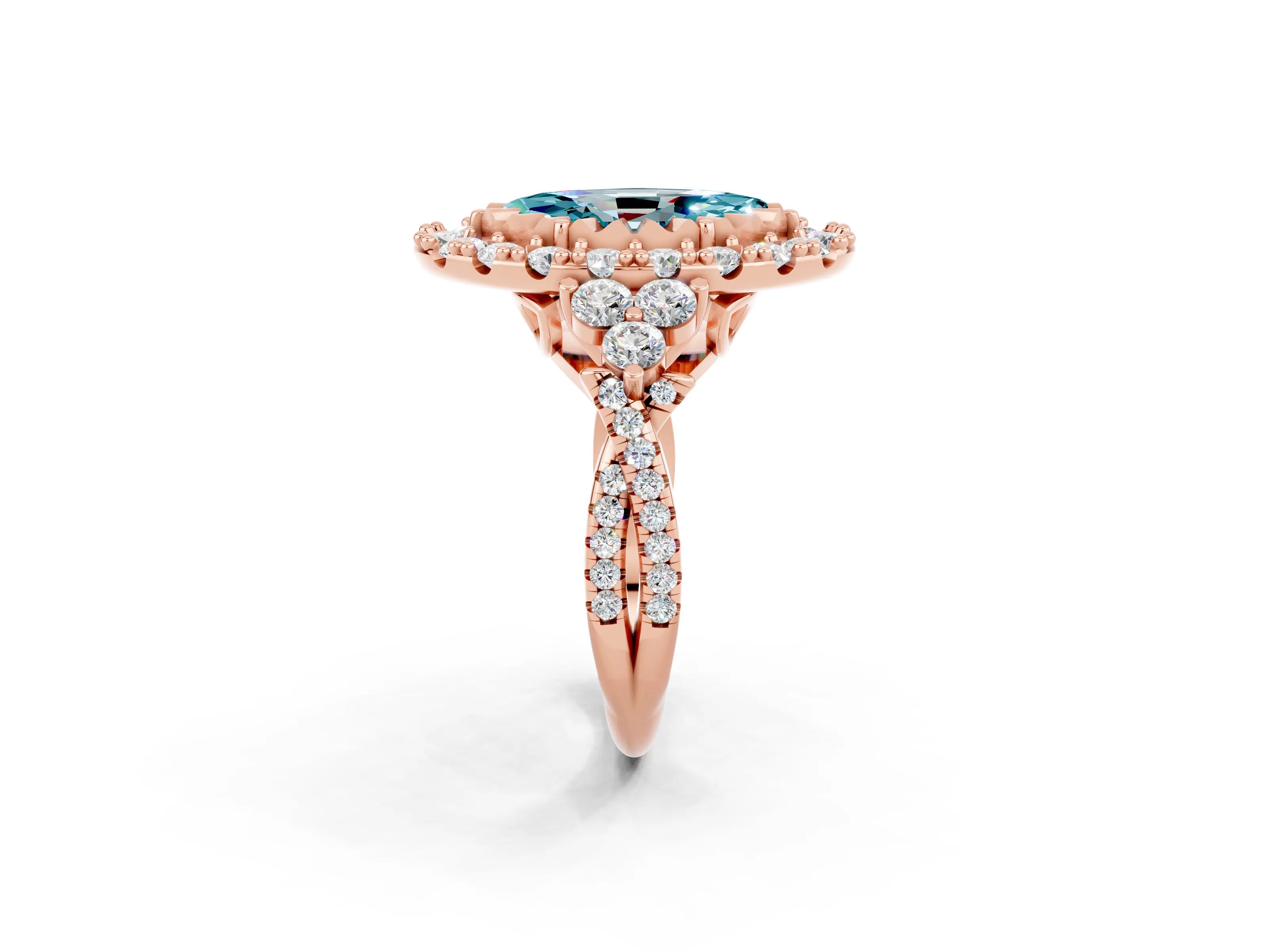 Rose gold Marquise Cut Blue Topaz Halo Ring with Pavé Band and Four-Prong Setting_14