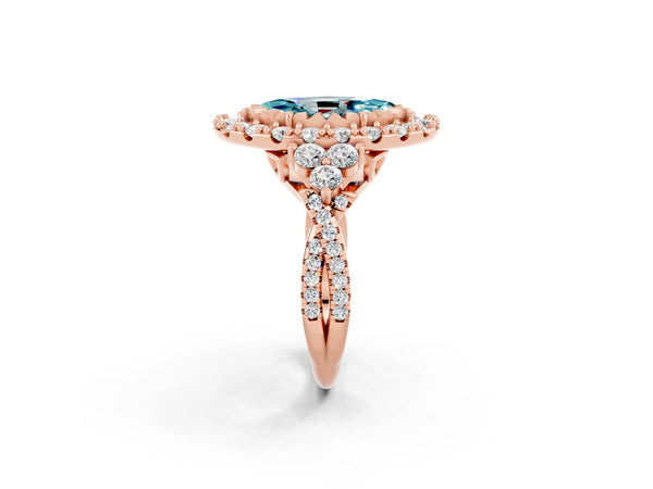 Rose gold Marquise Cut Blue Topaz Halo Ring with Pavé Band and Four-Prong Setting