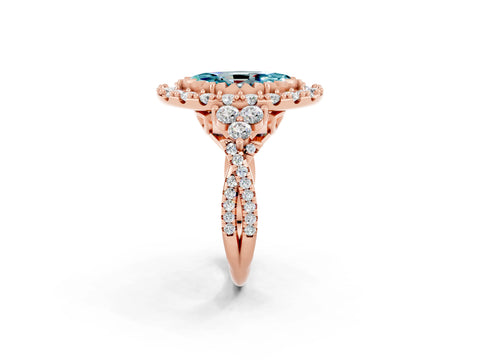 Rose gold Marquise Cut Blue Topaz Halo Ring with Pavé Band and Four-Prong Setting_14