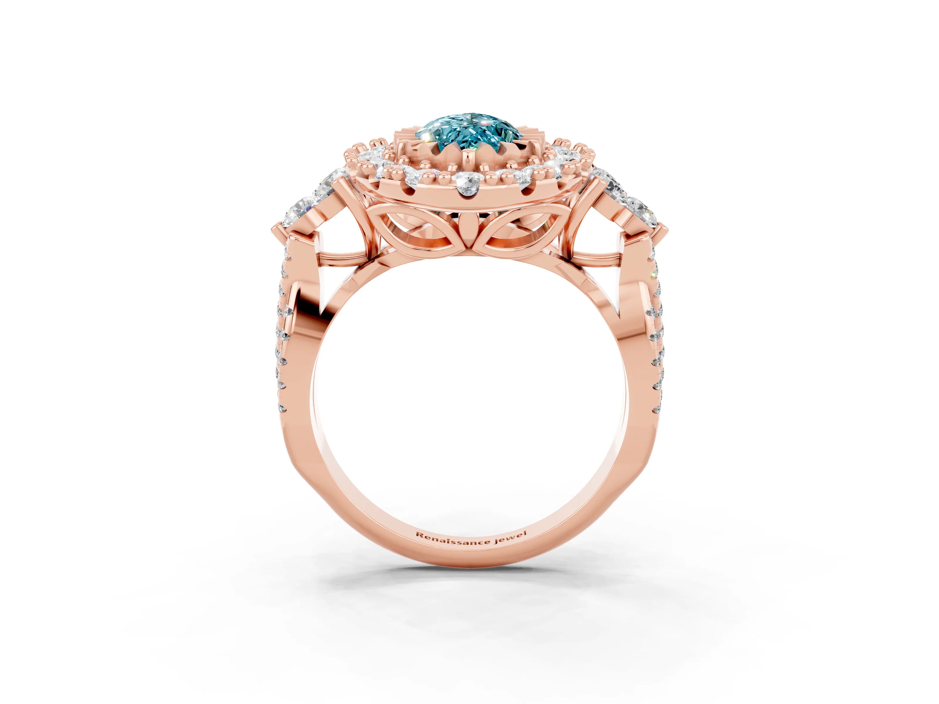 Rose gold Marquise Cut Blue Topaz Halo Ring with Pavé Band and Four-Prong Setting_15