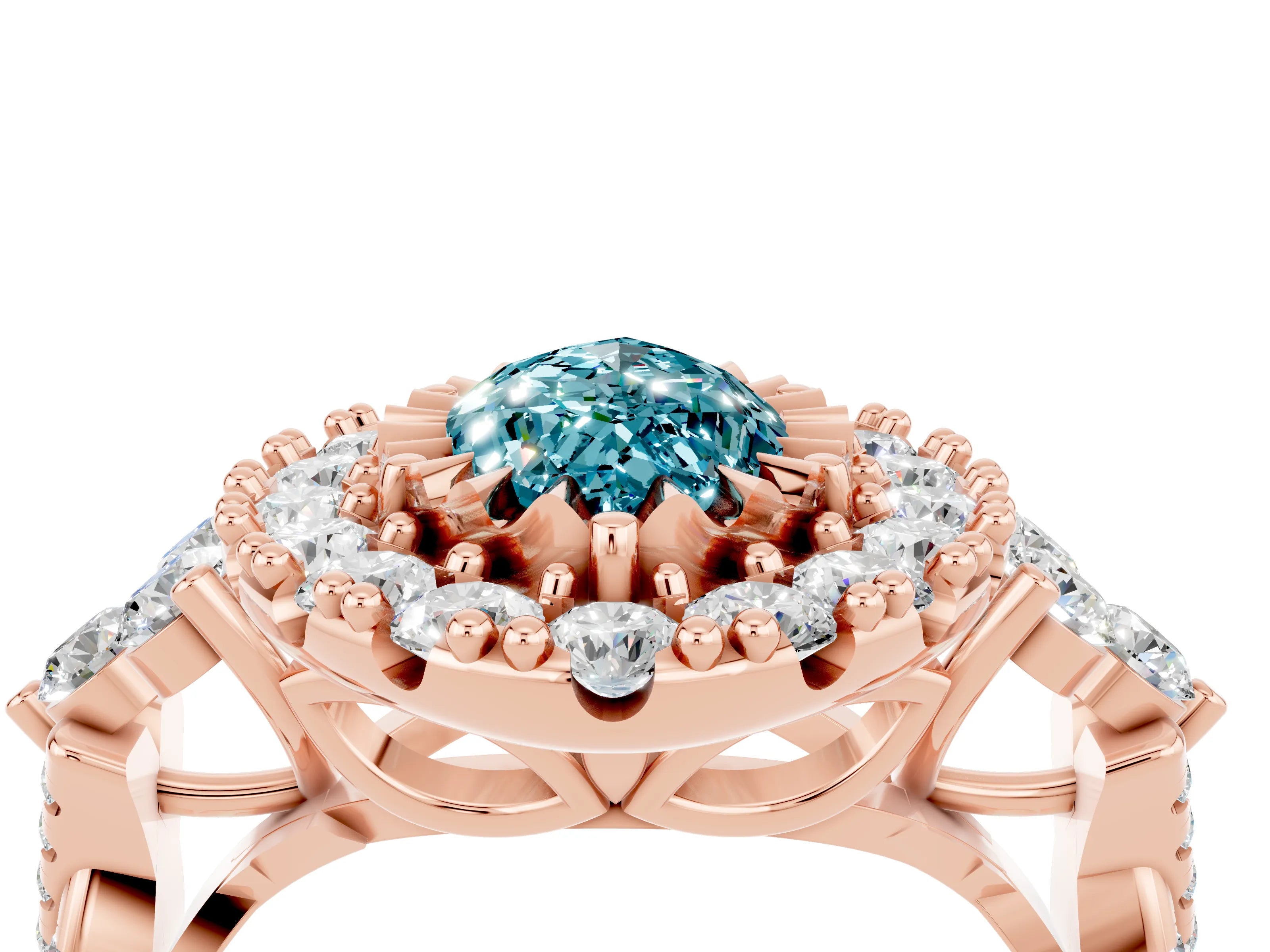 Rose gold Marquise Cut Blue Topaz Halo Ring with Pavé Band and Four-Prong Setting_16