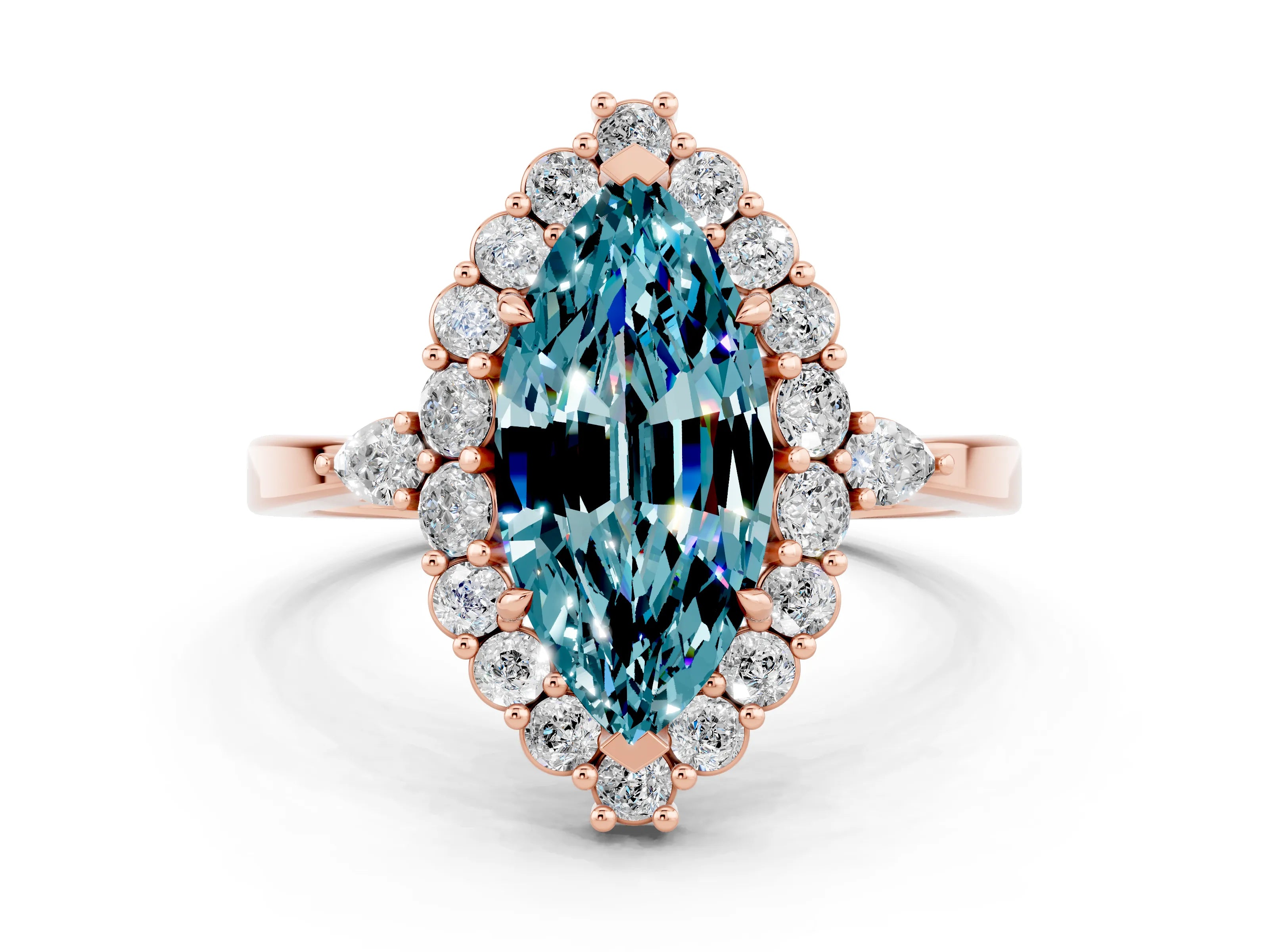Rose gold Marquise Cut Blue Topaz Halo Ring with Pear Side Stones and Prong Setting_12