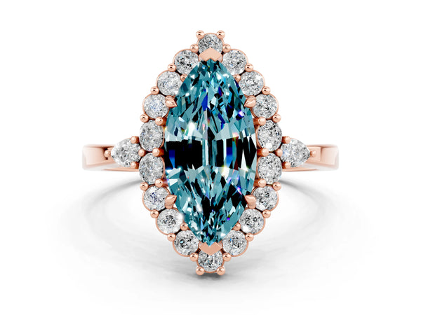 Rose gold Marquise Cut Blue Topaz Halo Ring with Pear Side Stones and Prong Setting