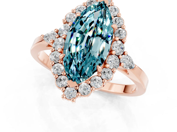 Rose gold Marquise Cut Blue Topaz Halo Ring with Pear Side Stones and Prong Setting