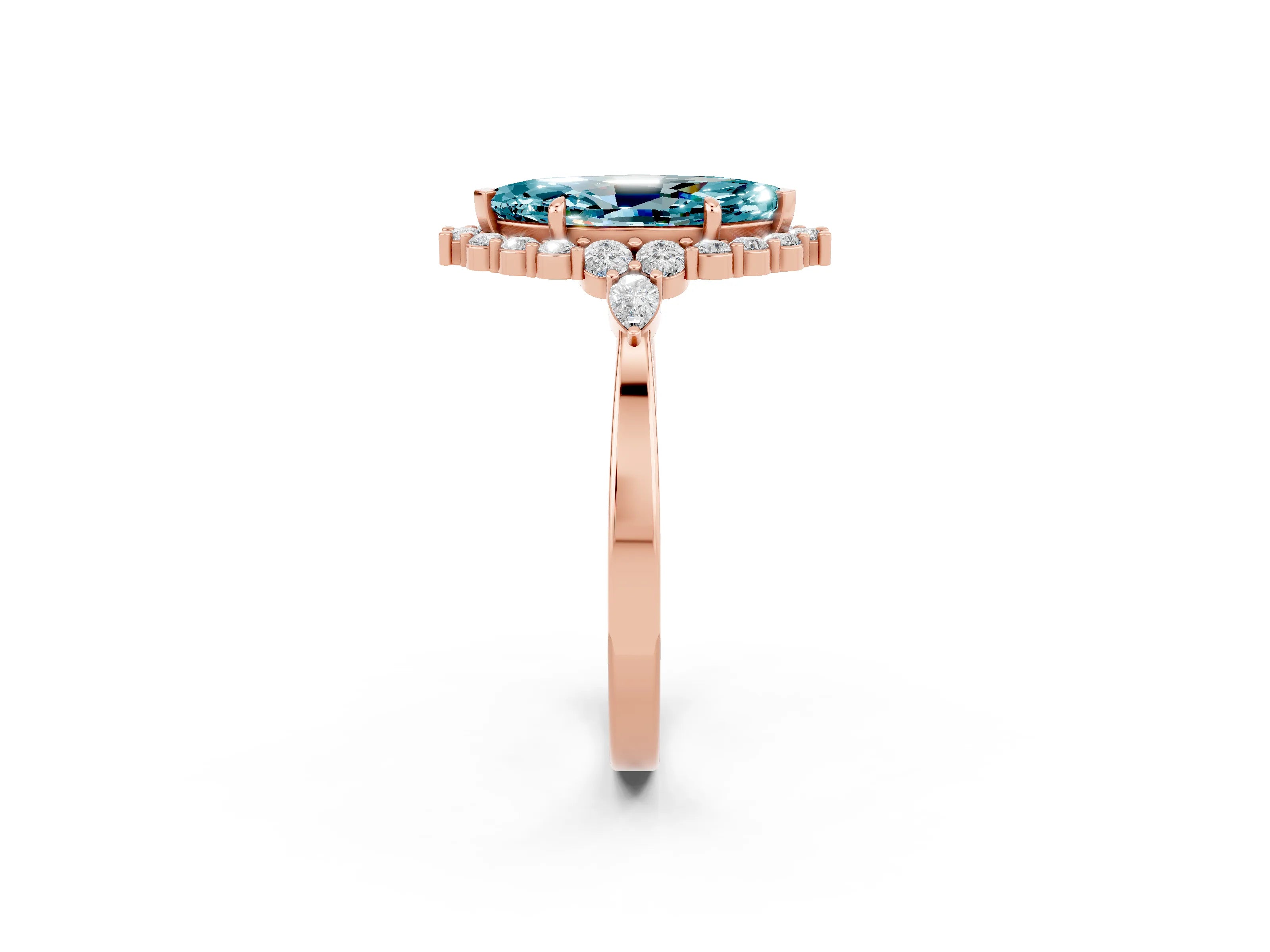 Rose gold Marquise Cut Blue Topaz Halo Ring with Pear Side Stones and Prong Setting_14