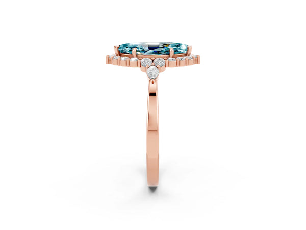 Rose gold Marquise Cut Blue Topaz Halo Ring with Pear Side Stones and Prong Setting