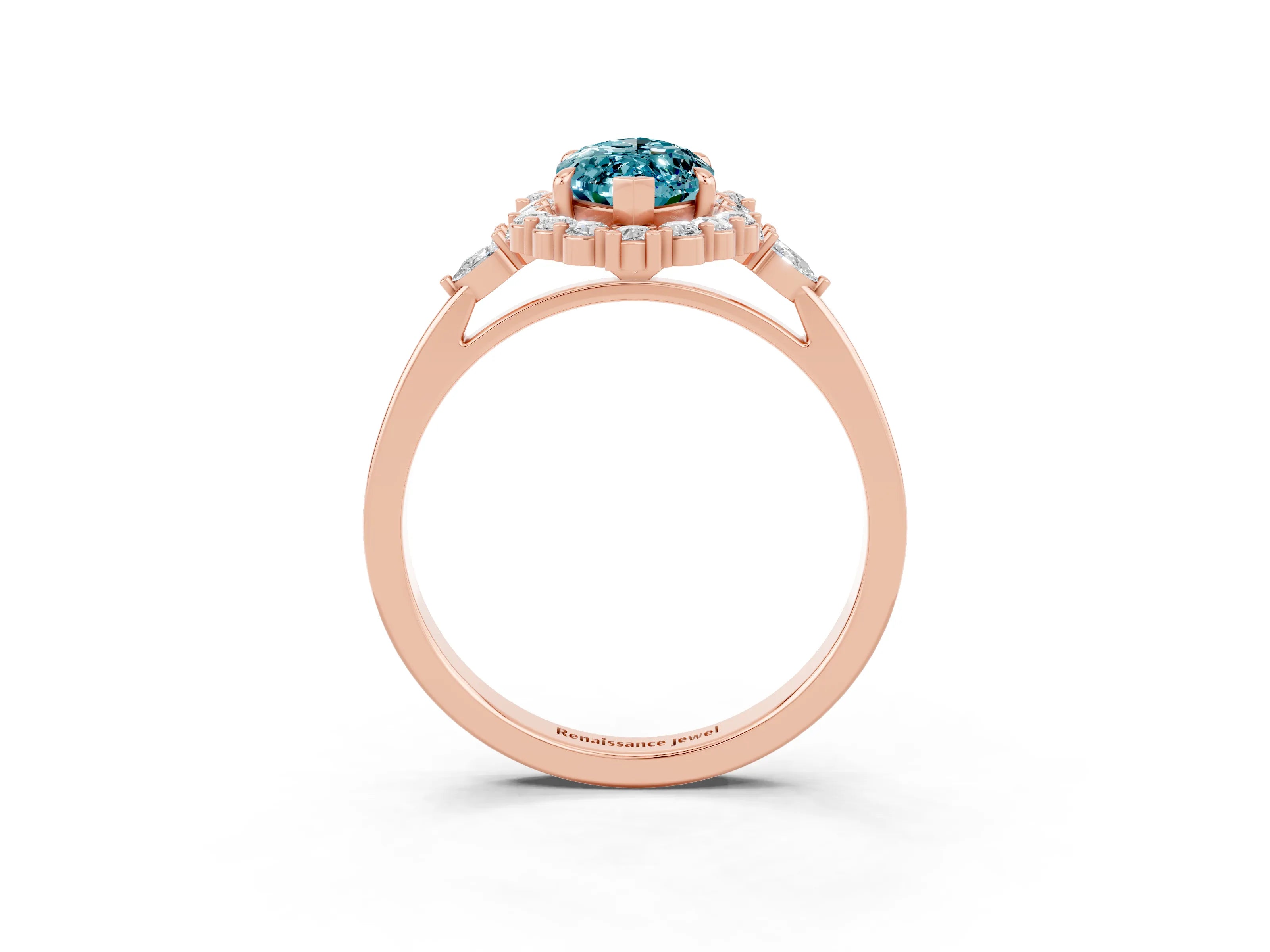 Rose gold Marquise Cut Blue Topaz Halo Ring with Pear Side Stones and Prong Setting_15