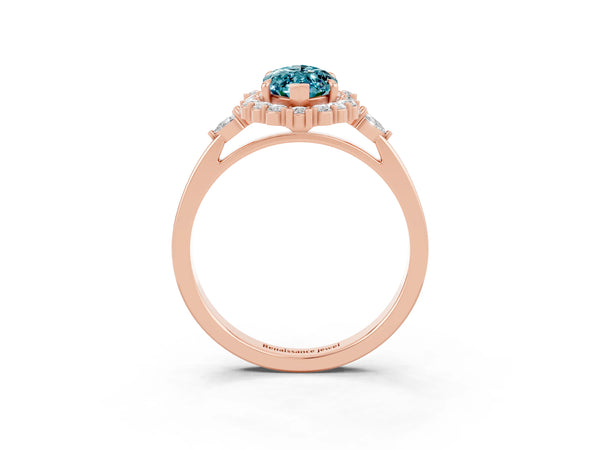 Rose gold Marquise Cut Blue Topaz Halo Ring with Pear Side Stones and Prong Setting