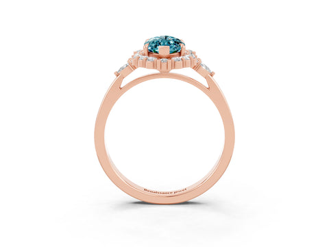 Rose gold Marquise Cut Blue Topaz Halo Ring with Pear Side Stones and Prong Setting_15