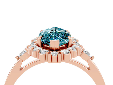 Rose gold Marquise Cut Blue Topaz Halo Ring with Pear Side Stones and Prong Setting_16