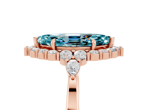 Rose gold Marquise Cut Blue Topaz Halo Ring with Pear Side Stones and Prong Setting_17