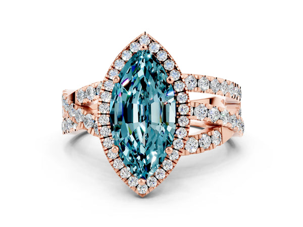 Rose gold Marquise Cut Blue Topaz Halo Ring with Round Split Shank and Prong Setting