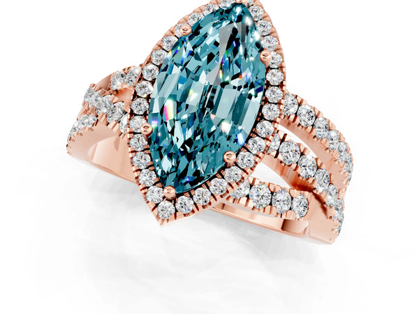 Rose gold Marquise Cut Blue Topaz Halo Ring with Round Split Shank and Prong Setting