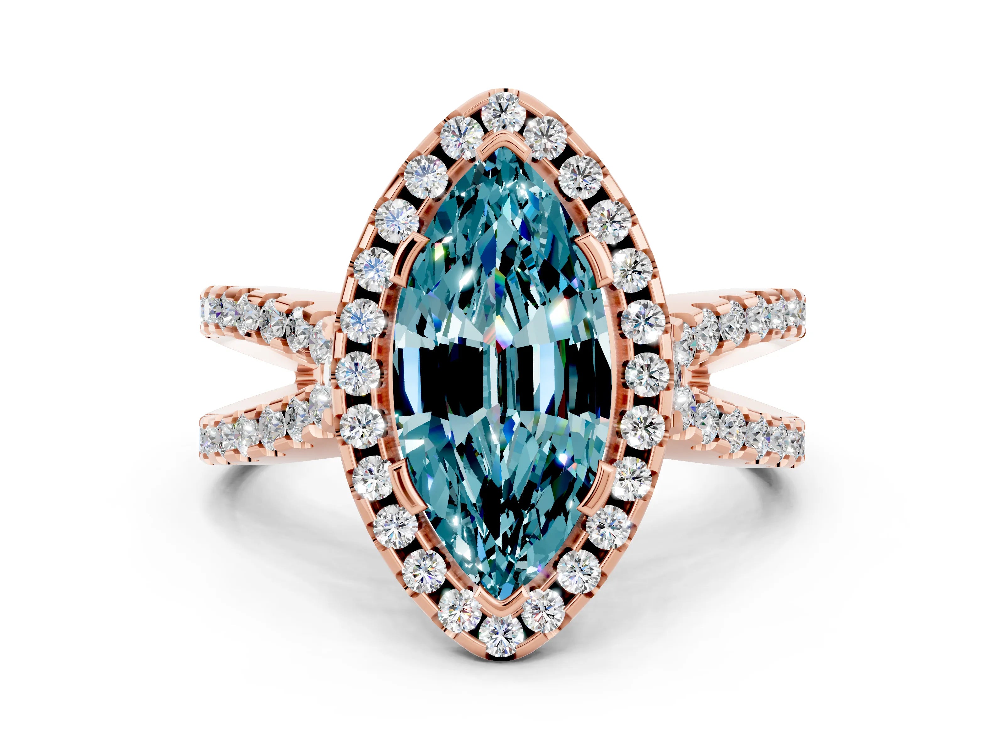 Rose gold Marquise Cut Blue Topaz Halo Ring with Split Shank Pavé Band and Prong Setting