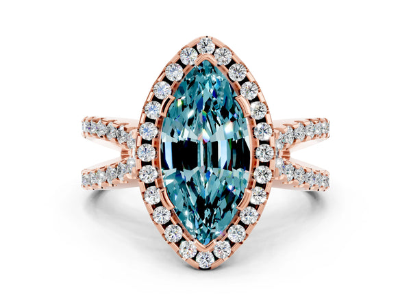 Rose gold Marquise Cut Blue Topaz Halo Ring with Split Shank Pavé Band and Prong Setting