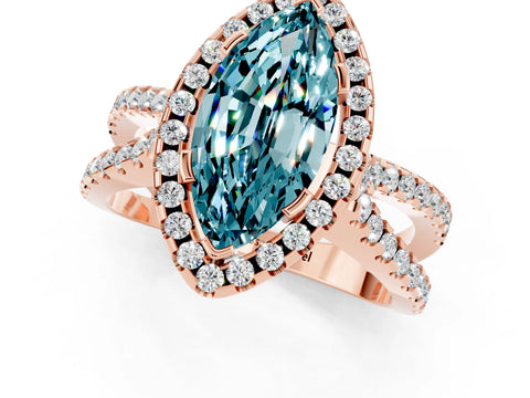 Rose gold Marquise Cut Blue Topaz Halo Ring with Split Shank Pavé Band and Prong Setting_1