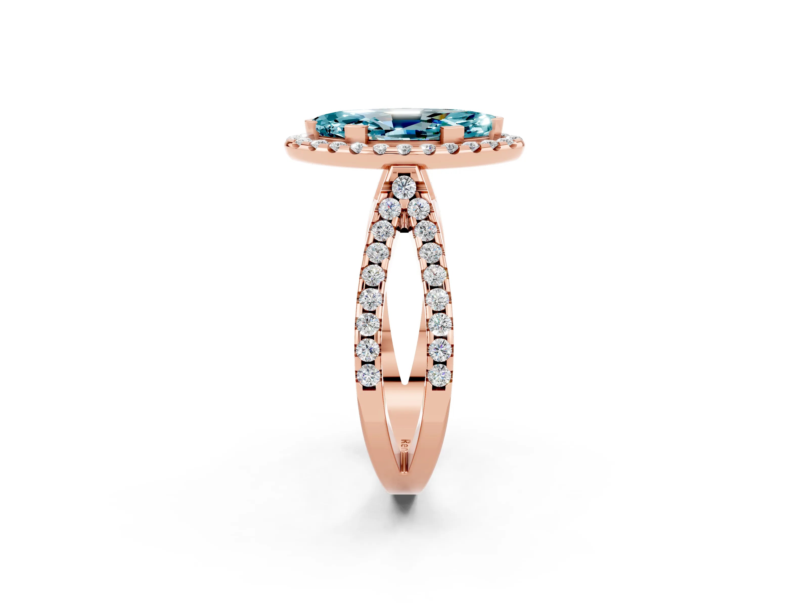 Rose gold Marquise Cut Blue Topaz Halo Ring with Split Shank Pavé Band and Prong Setting_2