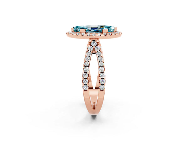 Rose gold Marquise Cut Blue Topaz Halo Ring with Split Shank Pavé Band and Prong Setting