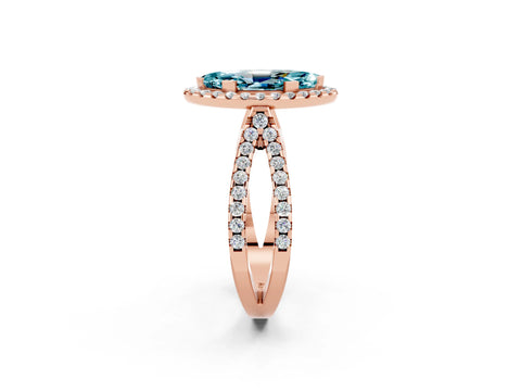Rose gold Marquise Cut Blue Topaz Halo Ring with Split Shank Pavé Band and Prong Setting_2