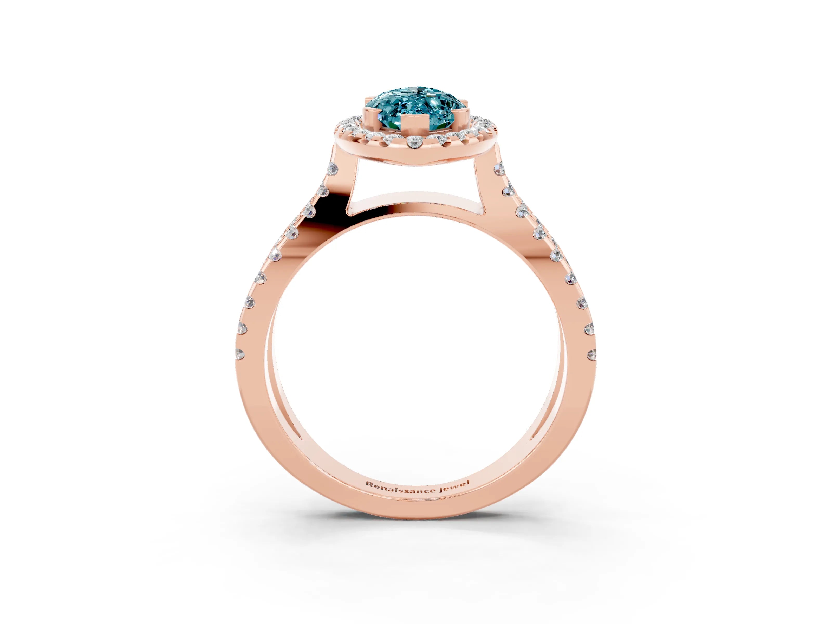 Rose gold Marquise Cut Blue Topaz Halo Ring with Split Shank Pavé Band and Prong Setting_3