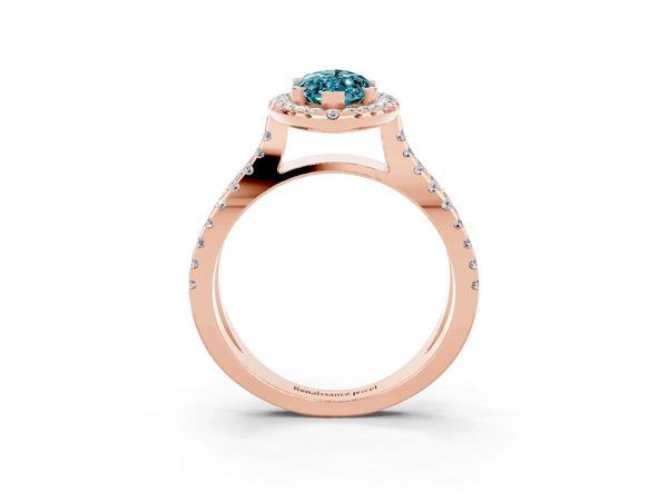Rose gold Marquise Cut Blue Topaz Halo Ring with Split Shank Pavé Band and Prong Setting