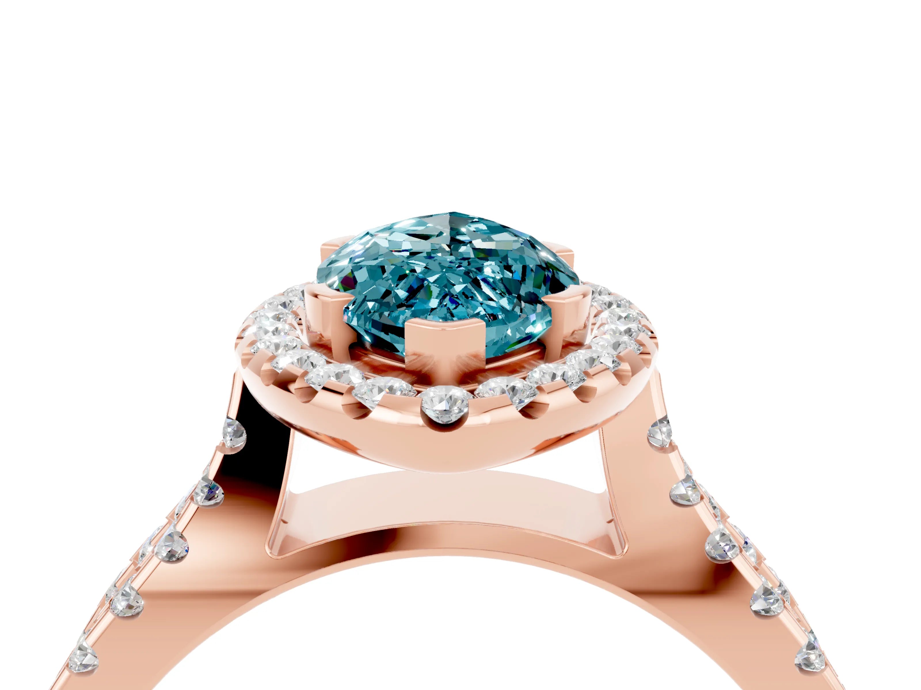 Rose gold Marquise Cut Blue Topaz Halo Ring with Split Shank Pavé Band and Prong Setting_4