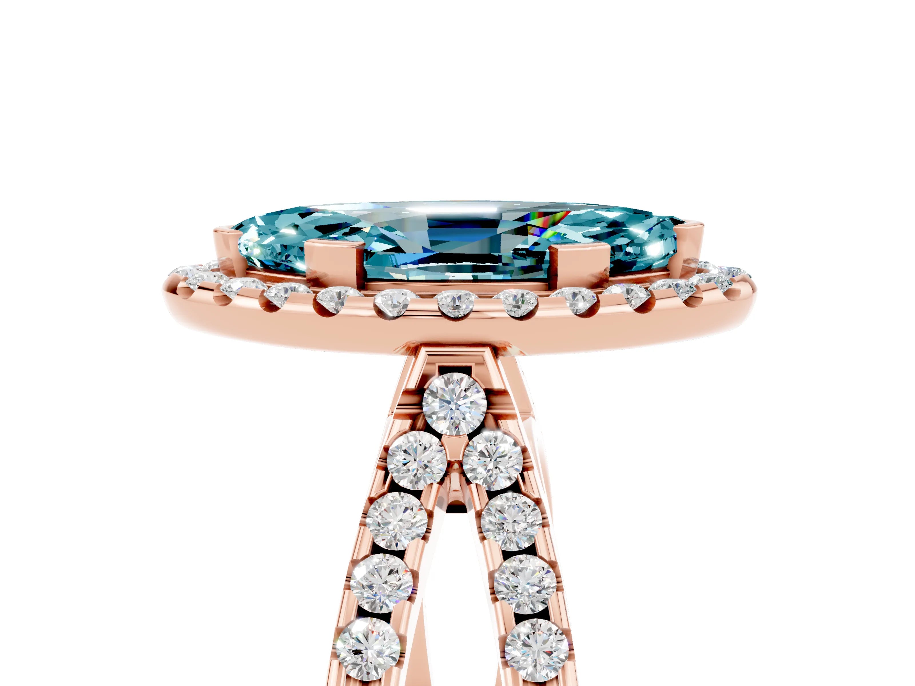 Rose gold Marquise Cut Blue Topaz Halo Ring with Split Shank Pavé Band and Prong Setting_5