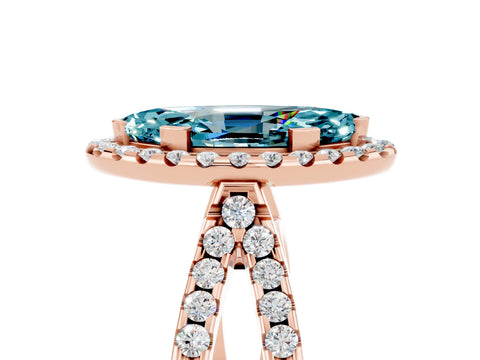 Rose gold Marquise Cut Blue Topaz Halo Ring with Split Shank Pavé Band and Prong Setting_5